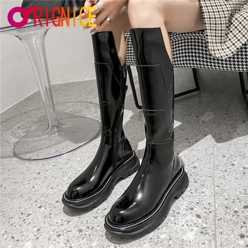 Orignice New Arrival Knee High Boots Women Patent Leather Platform Thick Bottom Zipper Round Toe Handmade Autumn Winter Shoes