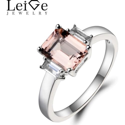 Leige Jewelry Natural Pink Morganite Ring Engagement Ring Emerald Cut Pink Gemstone 925 Sterling Silver Ring Romantic Gifts