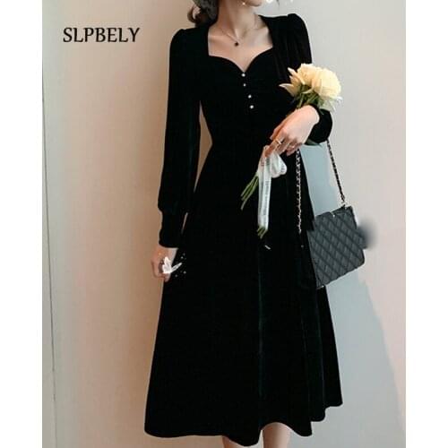 SLPBELY Autumn Black Velvet Dress For Women Retro Hepburn Square Collar Long Sleeve Midi Dress Office Ladies Elegant Party Dress