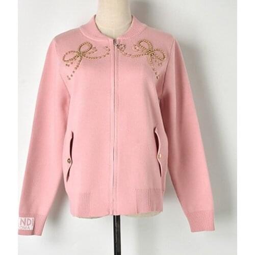 2018 Autumn And Winter New Embroidered Bow Beaded Knit Zipper Jacket Shirt Ladies Slim Fashion Comfortable