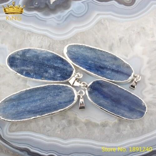 5pcs Plated Silvery Caps Blue Kyanite Slab Pendant Necklace Jewelry,Gemstone Slice Beads Charms For DIY Jewelry Findings