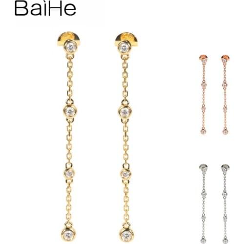 BAIHE Solid 18K Yellow/Rose/Rose Gold 0.20ct H/SI Natural Diamonds Earrings Women Trendy Fine Jewelry Tassel Long Stud Cерьги