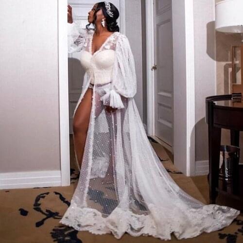 White Illusion Sequined Tulle Long Sleeve Bridal Wrap Sexy Kimono Pregnant Party Sleepwear Women Bathrobe Sheer Nightgown Robe