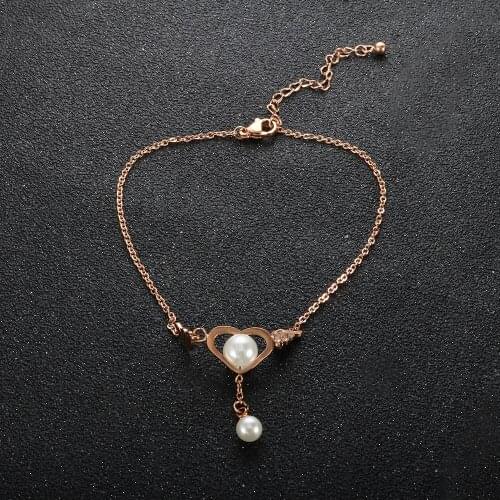 Stainless Steel Rose Color Heart Charm Anklets For Women Pearl Anklets Bracelets On Leg Foot Summer Beach Jewelry Gift