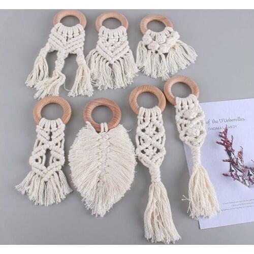 Baby Creative Beech Wood Toy Teether New Hand-woven Cotton Rope Molar Stick Shape Pacifier Wooden Teether Newborn Feeding Gifts