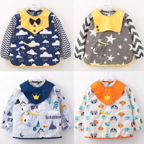 Baby Kids Toddler Long Sleeve Scarf Waterproof Art Smock Feeding Bib Apron Pocket Infant Boys Girls Burp Cloth Cartoon Bibs