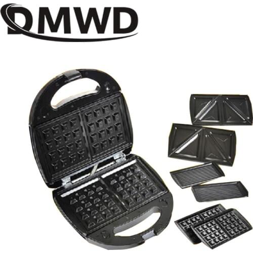 DMWD Electric MINI Egg Waffle Sandwich Maker Grilling 3 Optional Plates Breakfast baking Machine Panini Toaster Bread frying pan