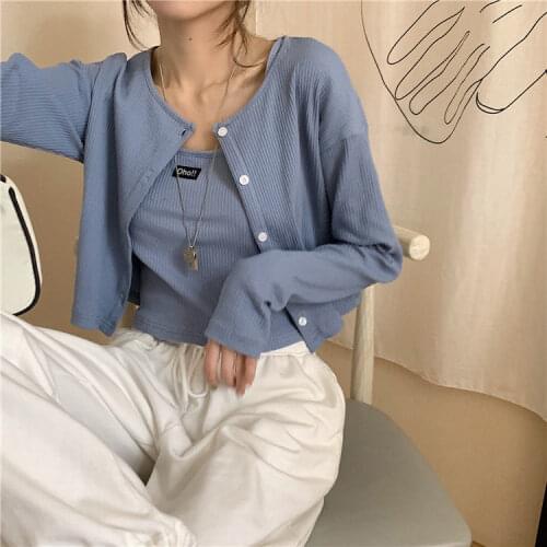 Neploe 2 Piece Set Women Single Breasted Long Sleeve Sweater Women Cardigans O Neck Slim sling vest Fashion Slim Summer Suits