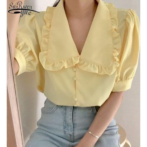 Korean Style Chic Lapel Yellow Chiffon Blouse Ruffled Womans Shirt Retro Doll Collar Casual Top Female Ropa De Mujer 10196