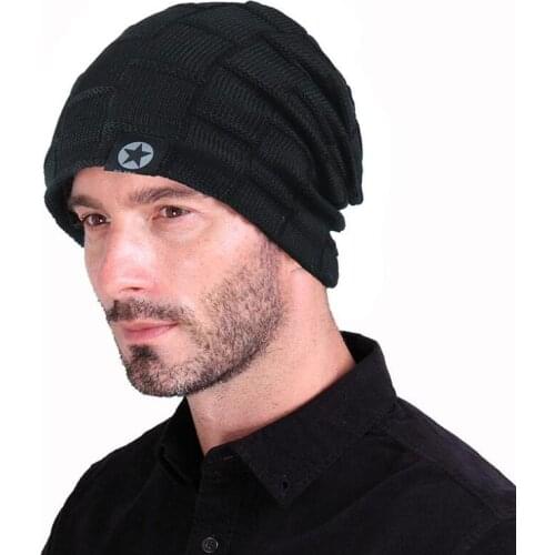 Mens Hat Winter Skullies Knitted Wool Hat Plus Velvet Five-pointed Star Hip Hop Thicker Bonnet Beanies for Unisex Gorras Hombre