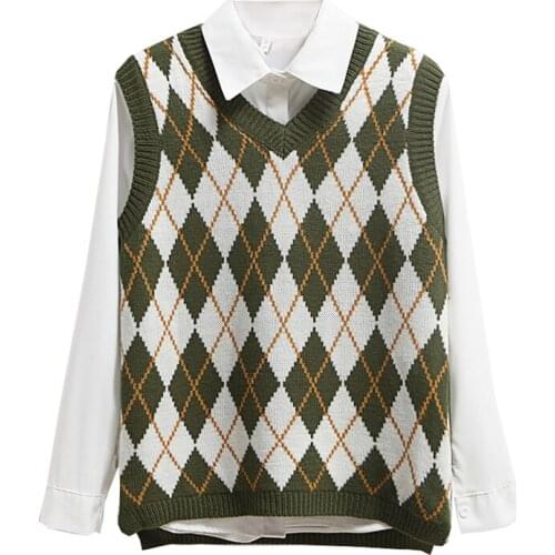 Vintage Plaid V-Neck Knitted Vest Women Sleeveless Pullover Elasticity Sweater Vest New Loose Wool Sweater Female Vest Oversize