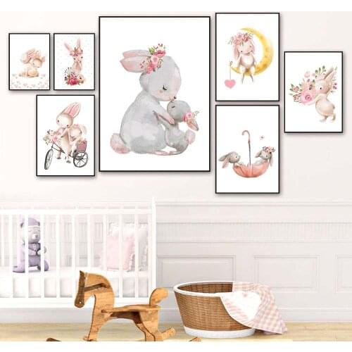 Bunny Poster Animals Nursery Wall Art Print Rabbit Canvas Painting Pink Flowers Posters Wall Picture Girl Baby Room Decoration