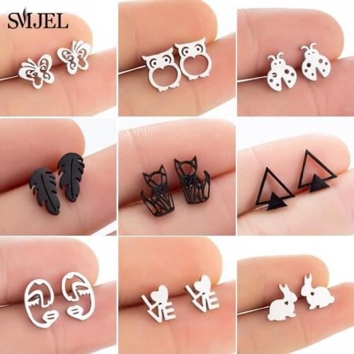 Punk Black Stainless Steel Stud Earrings Women Everyday Jewelry Cute Animal Rabbit Owl Face Leaf Triangle Earings Orecchini