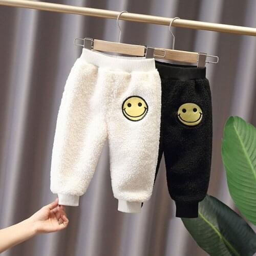 Toddler Kids Winter Pants New Arrival Baby Fashion Thicken Lambswool Pants Kids warm Velvet Smiley Trousers For Boys And Girls