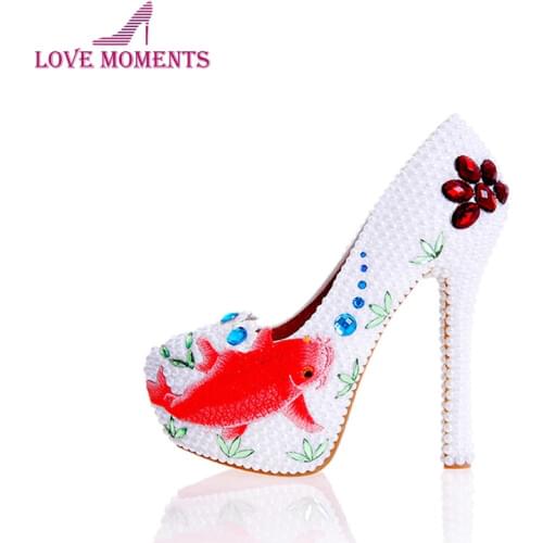 Special Design Event Prom Pumps White Pearl Bridal Wedding Party Dress Shoes Crystal Nice Design Party High Heels Plus Size 43
