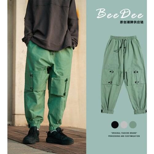 Spring mens casual pants tie foot Harlan pants multi-pocket work pants trend tie mouth work pants mens straight barrel