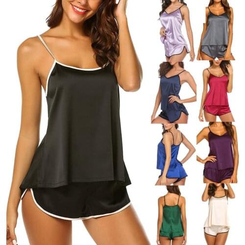 Women Sleep Wear Sexy Lingerie Satin Silk V-Neck Camisole Shorts Set Sleepwear Pajamas Women Sexy Clothes Black Blue Solid Color