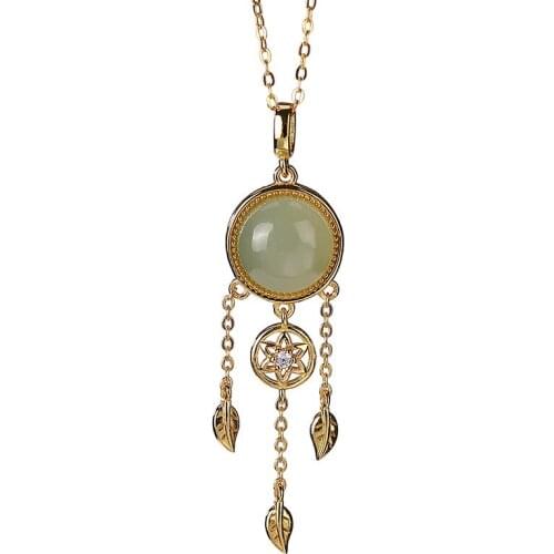 925 sterling silver gold plated Hetian gray jade feather pendant vintage literary Dreamcatcher womens pendant