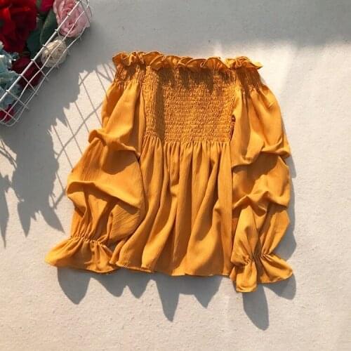 2021 Summer Women New Chiffon Blouse Y2k Sexy Off-Shoulder Solid Ruffles Shirts Lady Elegant Party Night Club Outwear Indie Tops