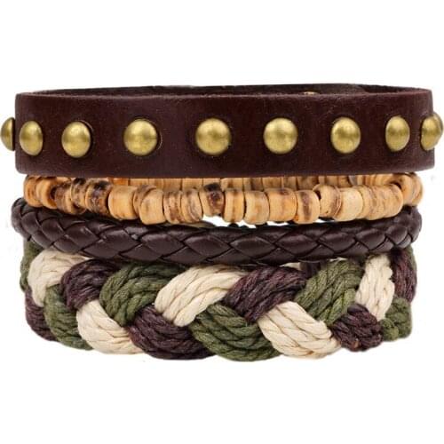Brown Strand Multilayer Bead Women Vintage Combination Handmade Woven Punk Leather Bracelet Men Jewelry Wholesale Accessories