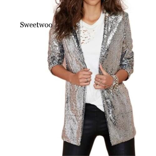 Sequin Blazers jacket Gold Bling Silver Black Women long sleeve Elegant Suit Coat Night club Shiny Punk Outwear