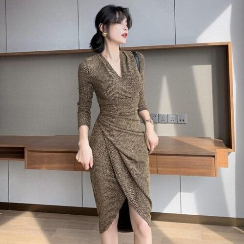 Fashion women comfortable elegant work style cute formal dress new arrival party vintage sexy v-neck bouncy asymmetrical dress