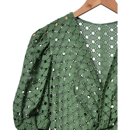 Women Hollow Out Green V-Neck Midi Dress Ladies Puff Sleeve Fashion Long Dresses Robes