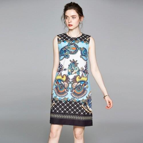 Womens Sleeveless O Neck Party Dresses Sexy Tank Female Holiday Vestidos Summer Fashion Pattern Print Plaid Dress k5539