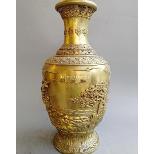19'' brass copper carved landscape tree birds crane sailboat boat design vase