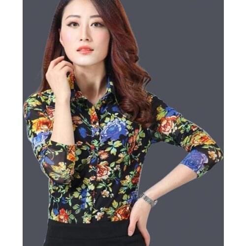 Spring Autumn Casual Women Floral Pattern Slim 3XL Full Sleeve Mesh Shirt Blouse , Female Woman Printed Fitted Flower Blouses
