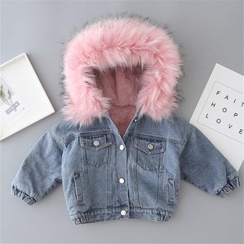 Girl denim jacket thick cotton-padded jacket children baby autumn plus velvet jean jacket infant jacket winter clothes for girls