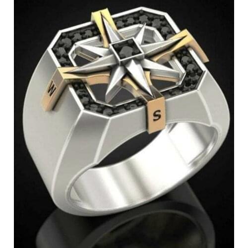 New Viking Compass Signet Ring Silver-Plated Retro Mens Two-Tone Ring