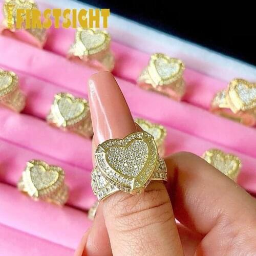 2021 New Gold Color Heart Ring Micro Pave Cubic Zircon Round Ring Full Iced Out Bling Hip Hop Punk Men Women Jewelry