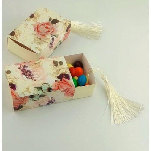 50pcs Drawer Shape Candy Box Rose Flowers Favor And Gifts Box Chocolate Boxes With Tassel Travel Birthday Party Wedding Decor