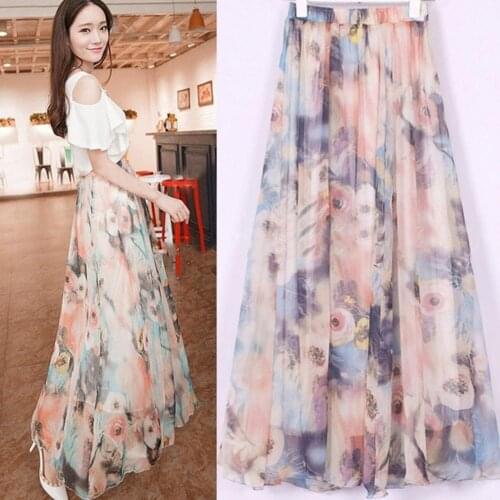 Fashion Women Bohemian Chiffon Long Maxi Skirt Summer Beach Floral Skirt Summer Long Skirts Elegant Ladies Big Swing Maxi alt