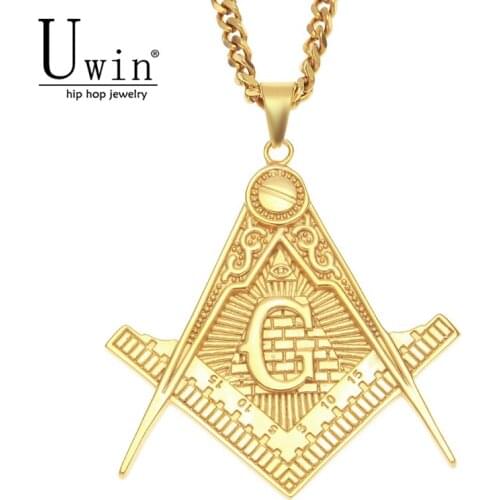 UWIN Hip hop Freemason Masonic Pendant Mens Stainless Steel Jewelry Golden Punk Rock Pendant Necklace Cuban Chain