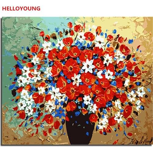 Frameless Red Flower Diy Digital Painting By Numbers Acrylic Paint Abstract Modern Wall Art Canvas Painting For Home Decor