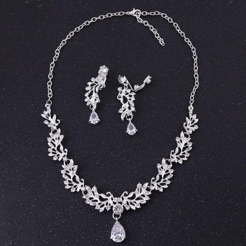 Wedding Jewelry Set Leaf Rhinestone Zircon Bridal Necklace and Earrings Two-piece Sets 3A CZ Female Accessories HQ0221