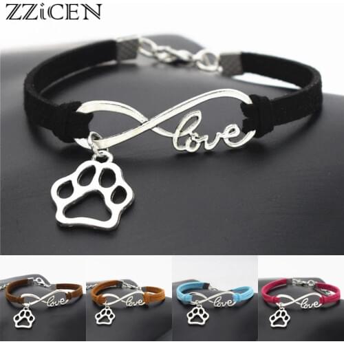 New Fashion Antique Love Pet Footprint Dogs Paw Pendant Infinity Charm Leather Bracelets Cats Dogs Lover Gifts Jewelry