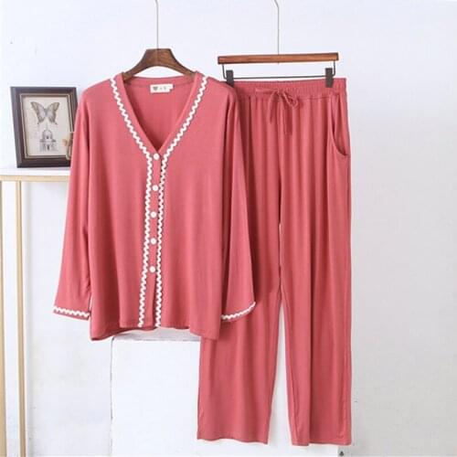 Conjuntos De Pijama Casual V Neck Long Sleeve Sleepwear Women Modal Cotton Pyjamas Female Autumn Winter Nightwear Pajamas Set