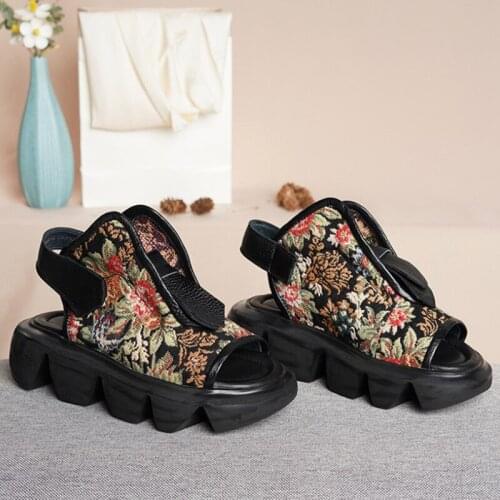 Girls Genuine Leather Retro Shoes Women Sandals Hook Loop Print 2021 Summer Wedges Handmade Platform Sandals Ladies Sandalias