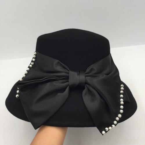 Wool Pearl bow ceiling large eaves basin cap womans buckat hat face small elegant sweet