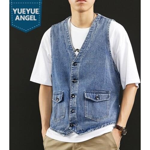 Vintage Men Single Breasted Pockets Denim Cargo Vest V Neck Slim Fit Casual Sleeveless Jean Jacket Harajuku Streetwear Waistcoat