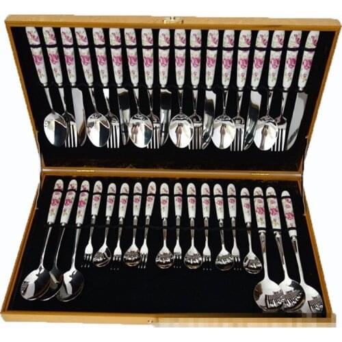 High Quality Western Rose Tableware Stainless Steel Steak Knife Main Fork Set Ceramics Handle Dinnerware Set Soup Scoop 36pc/set