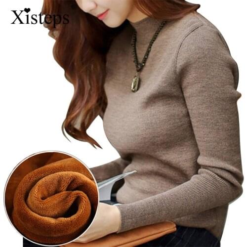 Xisteps Winter Women Warm Turtleneck Knitted Pullovers With Thick Velvet Solid Color Female Elastic Soft Sweater Plus Size