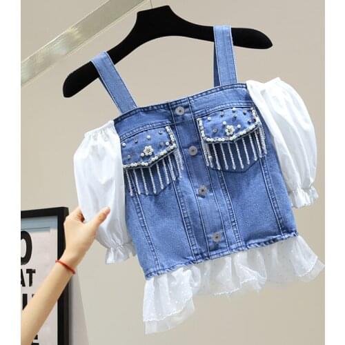 Diamond Beaded Mesh Stitching Denim Top Woman 2021 Summer Korean Style Sexy Off Shoulder Pleated Tassel Suspender Blouse Shirt