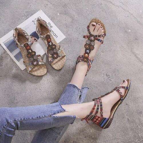 2020 summer sandals womens fashion casual wild beaded national wind bohemian womens shoes summer new Mixed Colors Cover Heel