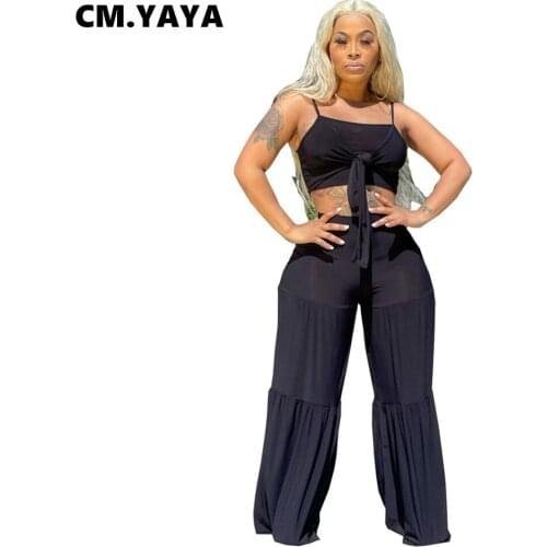 CM.YAYA Women Set Solid Spaghetti Strap Crop Tops Loose Wide Leg Long Pants 2 Two Piece Sets Active Tracksuit Summer Outfit 2021