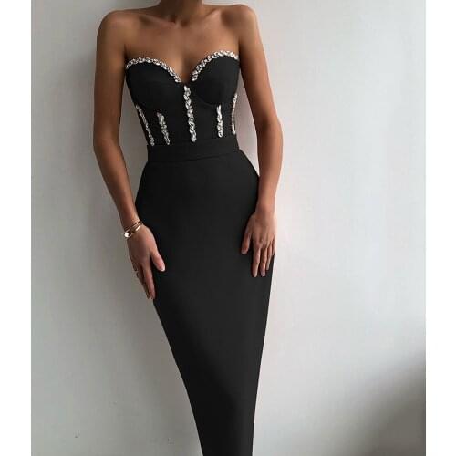 Womens Sexy Strapless Midi Dress Red Black Apricot Sleeveless Diamond Bodycon Bandage Dress 2021 Elegant Celebrity Runway Dress