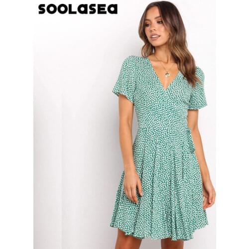 Soolasea Women V-neck Summer Boho Flower Print Mini Short Sleeve Casual Party Dress Ladies Holiday Beach Dress Ruffles Vestidos